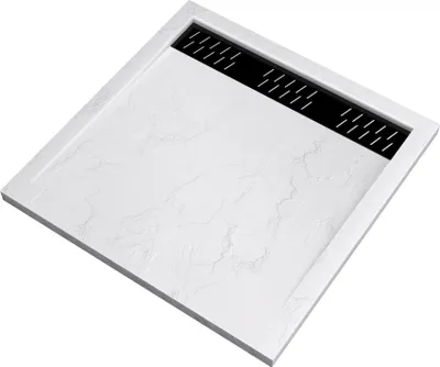 Image de Receveur en acrylique Blanc Effet Pierre 80x80x4 cm + Grilles Linéaires Chrome et Noire - MOON