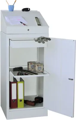 Produktbild von Stehpult mit Schrank - Vollblechtür - Zylinderschloss - 1 Einlegeboden, 1 Schublade - 1.270x500x500 mm (HxBxT) - lichtblau/resedagrün