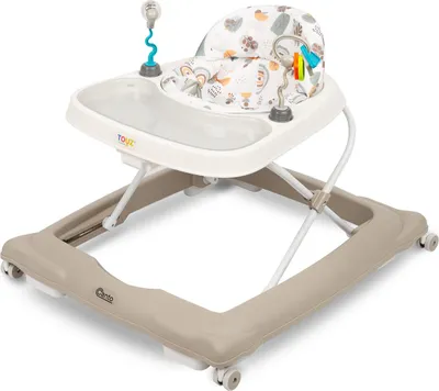 A baby walker with toys is shown against a white background.
