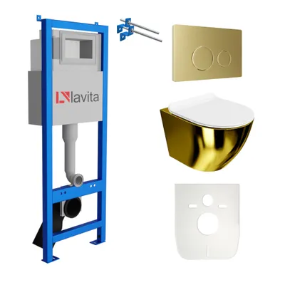 Produktbild von Lavita LAV 101 Vorwandelement für WC 40cm + Wand Hänge Tiefspül WC SOFI SLIM GOLD/WHITE Spülrandlos + Bedienplatte LAV 200.4.5 Gold | Komplettset | Unterputz Spülkasten | Toilette Komplett Sett