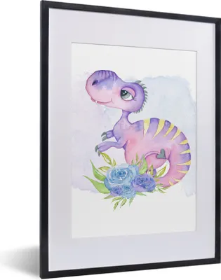 Produktbild von MuchoWow® Gerahmtes Poster Kinderzimmer - Lila - Dinosaurier - Mädchen - Kinder - Rosa 30x40 cm - Poster mit Schwarzem Bilderrahmen Wandposter Rahmen Foto Bilder - Wandposter Schlafzimmer