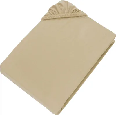 A folded beige fitted sheet is shown against a white background.
