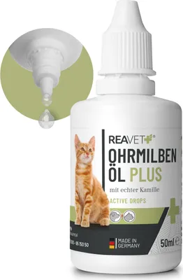 Produktbild von REAVET Ohrmilbenöl Plus 50ml sofort wirksames Mittel für Katzen – gegen Ohrmilben mit Kamille, Sanfte Pflege bei Juckreiz im Ohr, Ohrentropfen Milben, Ohrenreiniger