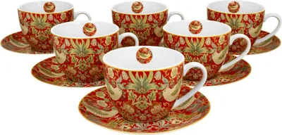 Produktbild von DUO ART GALLERY 6er-Set Tassen 220 ml STRAWBERRY THIEF RED mit Untertassen, New Bone China Porzellan