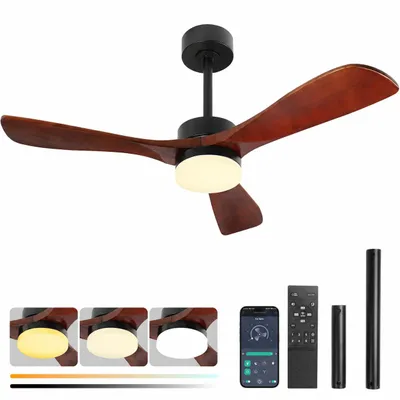Produktbild von Deckenventilator mit Beleuchtung und Fernbedienung, Φ132cm, 3 Holz Flügeln, Reversible DC Motor, Dimmbar 3 Farbtemperatur, 6 Stufen, APP Steuerung