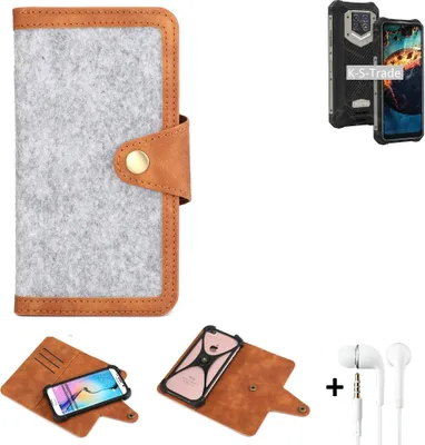 Produktbild von K-S-Trade Handyhülle + Kopfhörer kompatibel mit Oukitel WP15S Schutzhülle Filz Hülle Kunstleder hellgrau braun (1x)