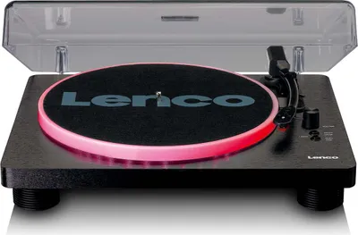 A Lenco LS-50LED BK turntable with integrated speakers and LED lighting is shown from a front-facing, slightly elevated angle against a neutral gray background.