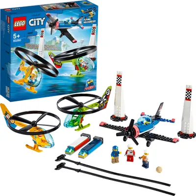 LEGO City Air Race set with airplanes, helicopters, and minifigures.