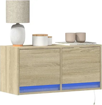 Produktbild von TV-Wandschrank mit LED-Beleuchtung TV Schrank Sideboard TV Fernsehschrank Wohnwand Sonoma-Eiche 80x31x38 cm