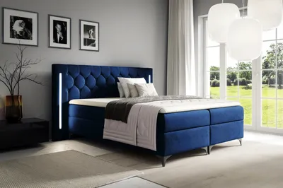 Obrázek produktu pro Vysoká manželská postel 200x200 ELIANE s LED osvětlením - tmavě modrá + topper
