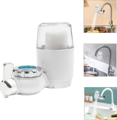 A collage of images showing a faucet water filter and its use in a kitchen.