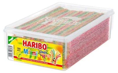Obrázok produktu pre Haribo Miami Sauer Dose, Mäkké cukríky, 1,12 kg, Jablko, Blackberry, Citrón, Oranžová, Strawberry, Viacfarebný, 1504 kJ, 354 kcal