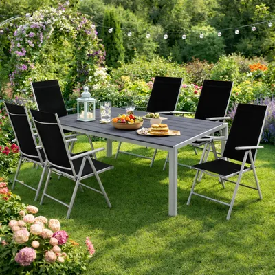 Produktbild von 7-tlg Gartenmöbel Set Alu Non-Wood 180x90x74cm + 6 Klappstühle Silber