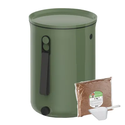 Zdjęcie produktu dla Skaza Bokashi Organko 2 | Wielokrotnie nagradzany pojemnik na kompost kuchenny wykonany z tworzywa sztucznego pochodzącego z recyklingu | 9,6 l | Zestaw startowy do kompostowania odpadów kuchennych | z dodatkiem EM 1 kg | kolor oliwkowy