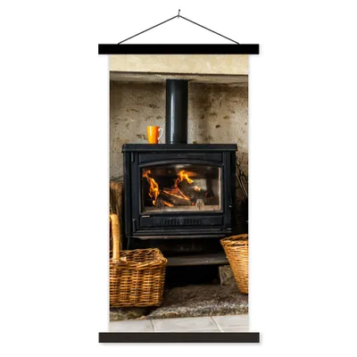 Produktbild von MuchoWow® Textilposter Kamin in einem Wohnzimmer 90x180 cm mit schwarzem Rahmen - Dekoration Wohnzimmer