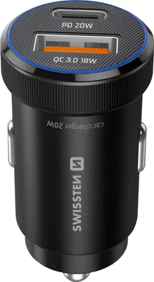 Produktbild von Swissten, Auto Ladegerät 20W USB-C PD + USB 3.0 Fast Charge, Schwarz