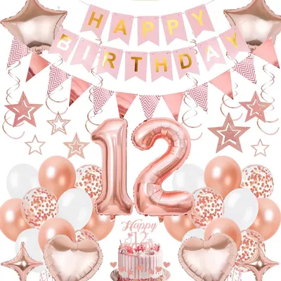 Produktbild von Deko 12 Geburtstag Mädchen Rosegold Luftballons Girlande Hängendeko Set