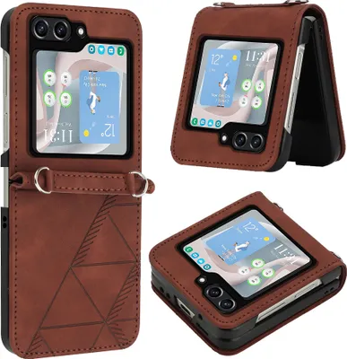 Obrázek produktu pro Flipové kožené pouzdro pro Samsung Galaxy Z Flip 5 peněženkový design pouzdro s embosováním, držákem karet a stojánkem Hnědý