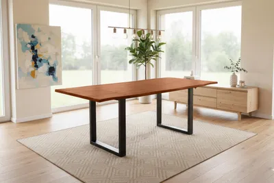 Produktbild von Esstisch Baumkante Akazie nuss 140(220)x90 Ansteckplatten U-Gestell schwarz AVINO