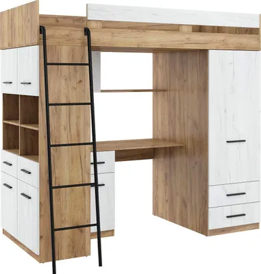 Produktbild von FurnitureByJDM Hochbett mit Schreibtisch, Schubladen, Regalen 90x200 cm Linke Leiter (Craftgold/Craftweiß)