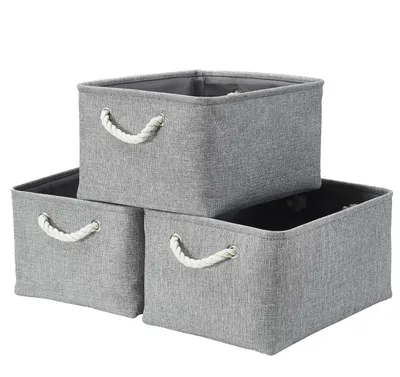 Image de Boîtes de rangement en tissu, paniers de rangement pliables gris avec poignées, lot de 3