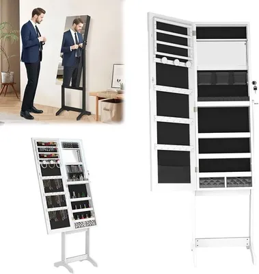 Imagen del producto de Espejo armario joyero con estante ajustable para joyas, sistema de almacenamiento de joyas con luces LED y cerradura de seguridad. Armario espejo de pie 2 en 1, dimensiones: 152 x 39,5 x 36,5 cm. Color: blanco