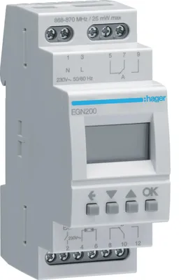 Produktbild von Hager Multifunktions-Zeitschaltuhr, 2-Kanal, 16A, Bluetooth, Astroprogramm, 2TE, Hutschiene, 1 Stk.