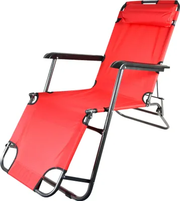 A red lounge chair with a headrest and armrests, shown from a diagonal angle against a white background.