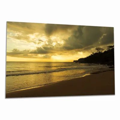 Produktbild von Wallario Herdabdeckplatte aus Glas, Größe 80 x 52 cm 1-teilig, Motiv Badestrand auf den Malediven - Stille am Abend