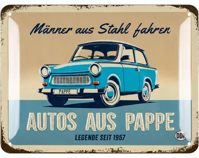 Produktbild von LANOLU Blechschild TRABANT, DDR Geschenke für Männer, Trabi Geschenke, Ossi DDR Produkte Haushalt passend für DDR Geschenkbox