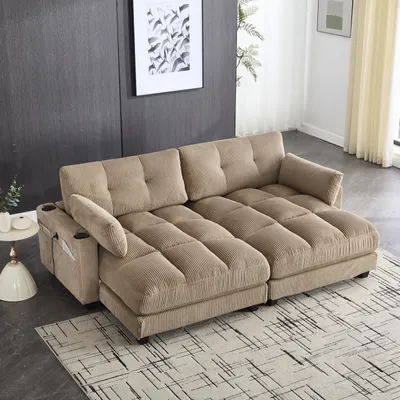 Produktbild von MODFU Modulares Sofa aus Cordstoff,2-Sitzer-Sofa als Zweisitzer mit USB-Ladeanschlüssen, Getränkehaltern & Seitentaschen,modernes Relaxsofa,Schlafsofa,Khaki