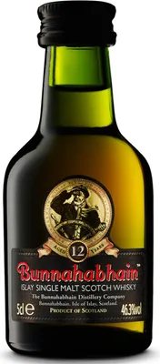 A miniature bottle of Bunnahabhain 12 Years Islay Single Malt Scotch Whisky.