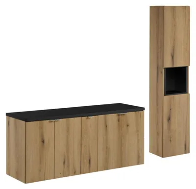 Productafbeelding van Hangend badkamermeubelset VANO eiken en zwart 170cm: kasten onder wastafel + wastafelblad + kolomkast