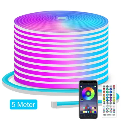 Produktbild von 5 m Neon-LED-Lichtstreifen, flexibles LED-Band, App- & Fernbedienungssteuerung, mehrere Modi, Musik-Sync, Gaming-LED, für Innenräume/Schlafzimmer