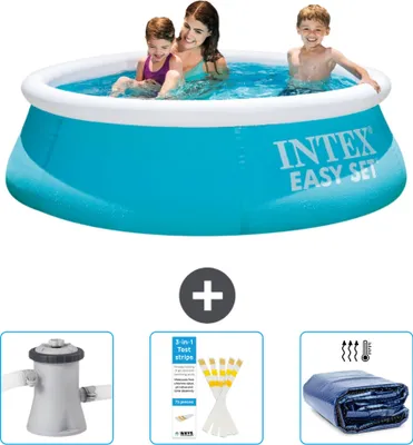 An inflatable pool with people in it, along with accessories like a filter pump, test strips, and a cover.