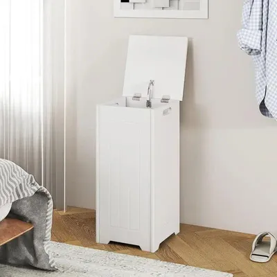 Obrázok produktu pre Kôš na prádlo s kovovým vekom na závesoch, biely, objem 34 litrov, určený do kúpeľne