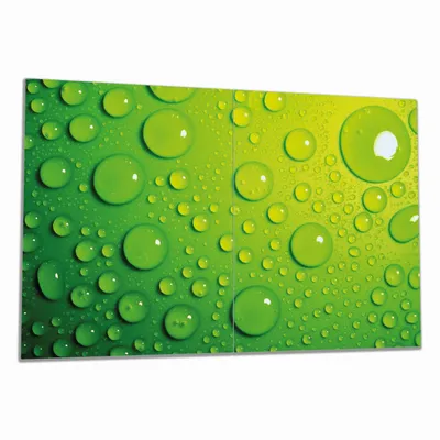 Produktbild von Wallario Herdabdeckplatte aus Glas, Größe 80 x 52 cm 2-teilig, Motiv Wassertropfen auf Grün