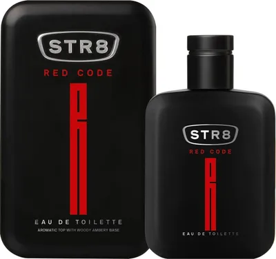 A black bottle of STR8 Red Code Eau De Toilette and its packaging are shown against a white background.