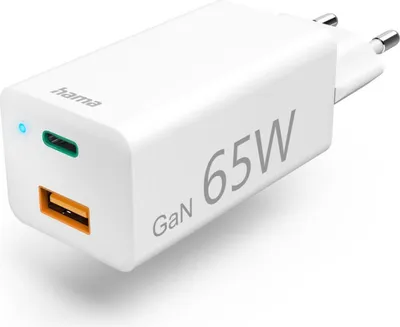 Produktbild von Schnellladegerät, GaN, 1x USB-C, 1x USB-A, Mini-Ladegerät, PD, 65 W, Weiß (00201643)