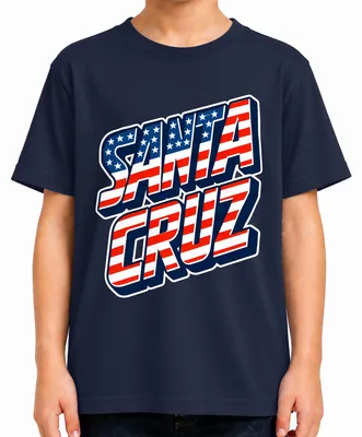 Imagen del producto de Camiseta para niños con diseño de la bandera de Santa Cruz, California, estilo retro, con motivos de surf y skate, color azul marino, talla 128