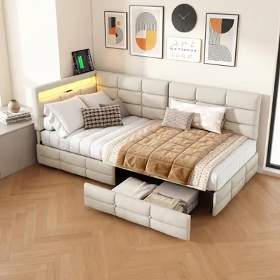 Obrázek produktu pro INONEFT, denní lůžko/rozkládací pohovka, 90x200 cm, jednolůžko se 2 zásuvkami, čalouněné lůžko s LED osvětlením a USB portem, postel pro mládež s roštem, lněná tkanina, béžová barva