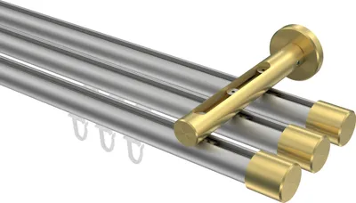 Produktbild von Interdeco Innenlaufstange / Gardinenstange mit Innenlauf Silbergrau / Messing-Optik, Typ Siteno Santo (Kappe), 20 mm Ø 3-läufig, 200 cm