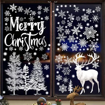Produktbild von Unyqoos® Set mit 9 wiederverwendbaren Weihnachts-Fensterstickern, elektrostatisch – Schneeflocken & Rentiere für Fenster und Glastüren