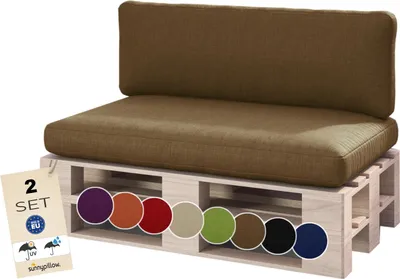 Produktbild von sunnypillow Palettenkissen Outdoor, wasserdicht, UV-lichtecht - 2er Set - Palettenauflage für Palettensofa für Haus, Garten - Palettenpolster für Palettenmöbel - Rückenkissen & Sitzkissen Braun