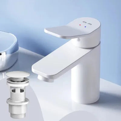 Produktbild von AM.PM Waschtischarmatur Weiss Wasserhahn mit Klick-Ablaufgarnitur Waschbecken Waschbeckenarmatur Spültisch Armatur