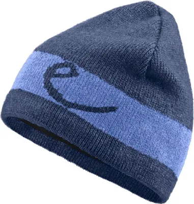 Dunkelblaue Lapnor Beanie Mütze von Edelrid mit hellblauem Streifen und Logo.