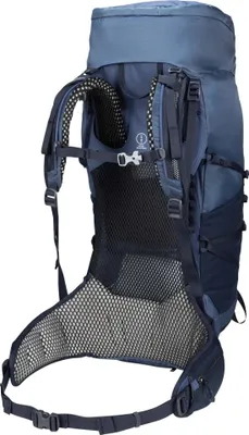 A blue trekking backpack shown from the back.