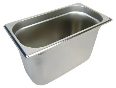 A stainless steel food pan shown from a diagonal top-down perspective against a white background.