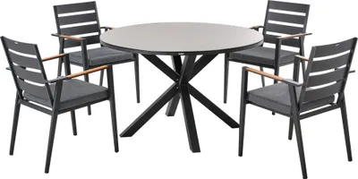 Produktbild von BELIANI Gartenmöbel Set 5-teilig Grau Aluminium Tisch ⌀ 120 cm Rund Keramikplatte mit 4 Stühlen Auflagen Schwarz Stapelbar Terrasse Außenbereich