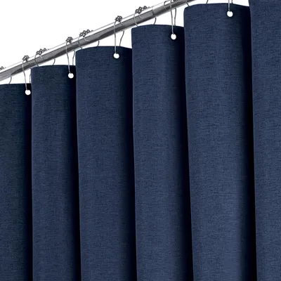 Image de Rideau de douche en tissu, 180 x 180 cm, aspect lin, résistant à la moisissure, imperméable, avec 12 crochets en plastique, rideau de douche lesté en polyester pour la salle de bains, bleu/bleu foncé